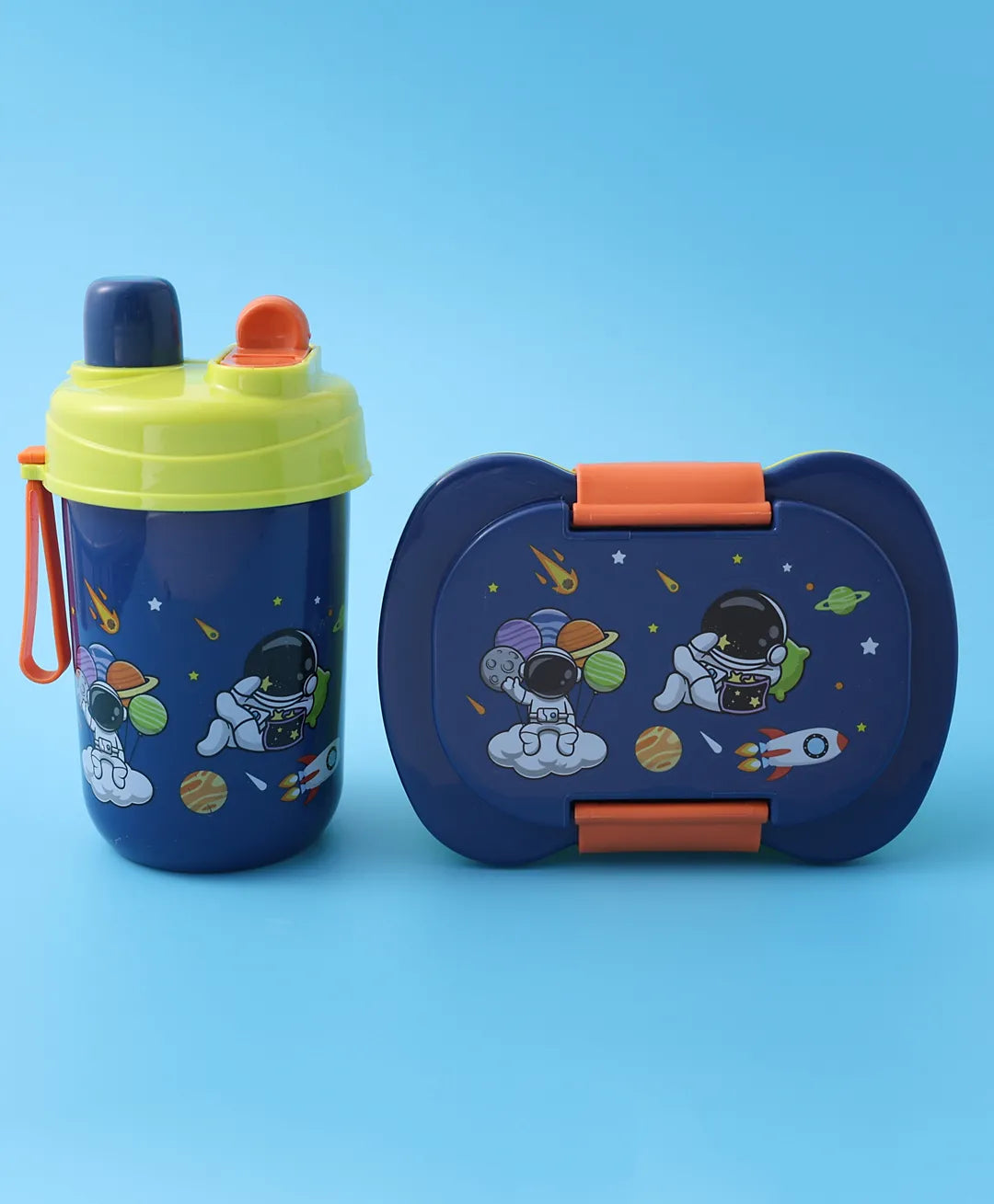Space Theme Lunch Box Set - Blue & Green, With Bottle, Utensils, 2 Compartments, Carry Strap