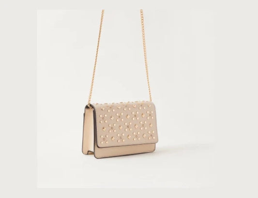 Sasha Stud Embellished Crossbody Bag with Flap Closure Beige