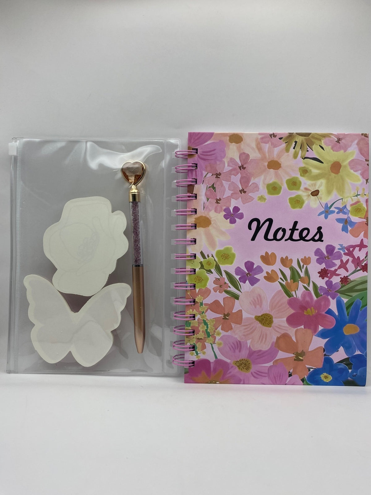 Fancy Floral Notebook Set (with a pouch containing 2 sticky note pads and a pen) - Multi pink Floral
