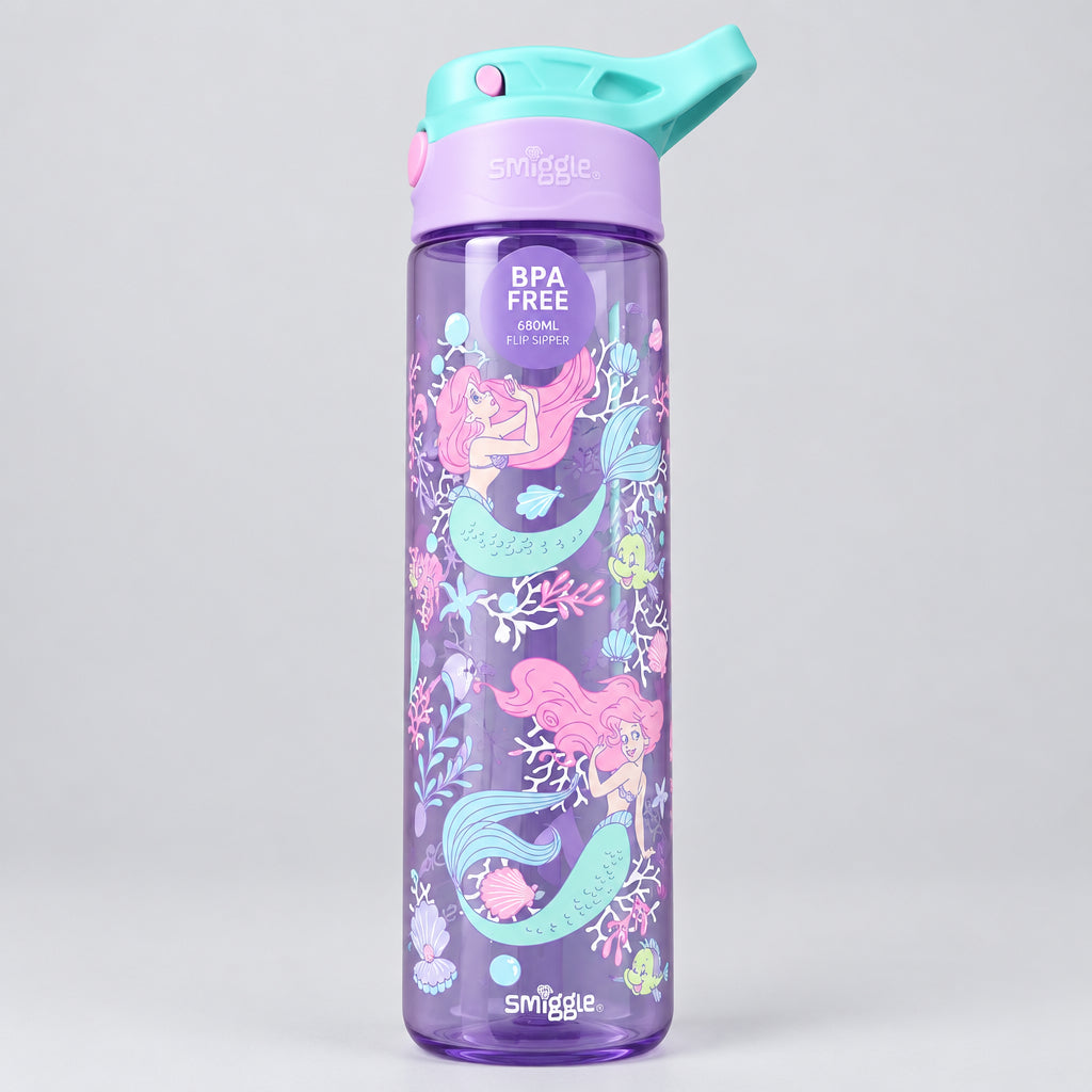 Smiggle Flip Plastic Sipper Water Bottle - BPA Free - 680ML/ 23FL OZ - Mermaid