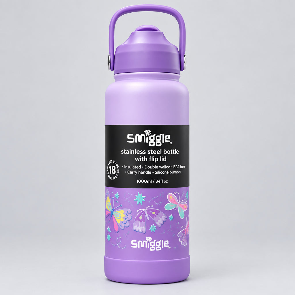 Smiggle Stainless Steel Water Bottle 1000ml - Butterfly