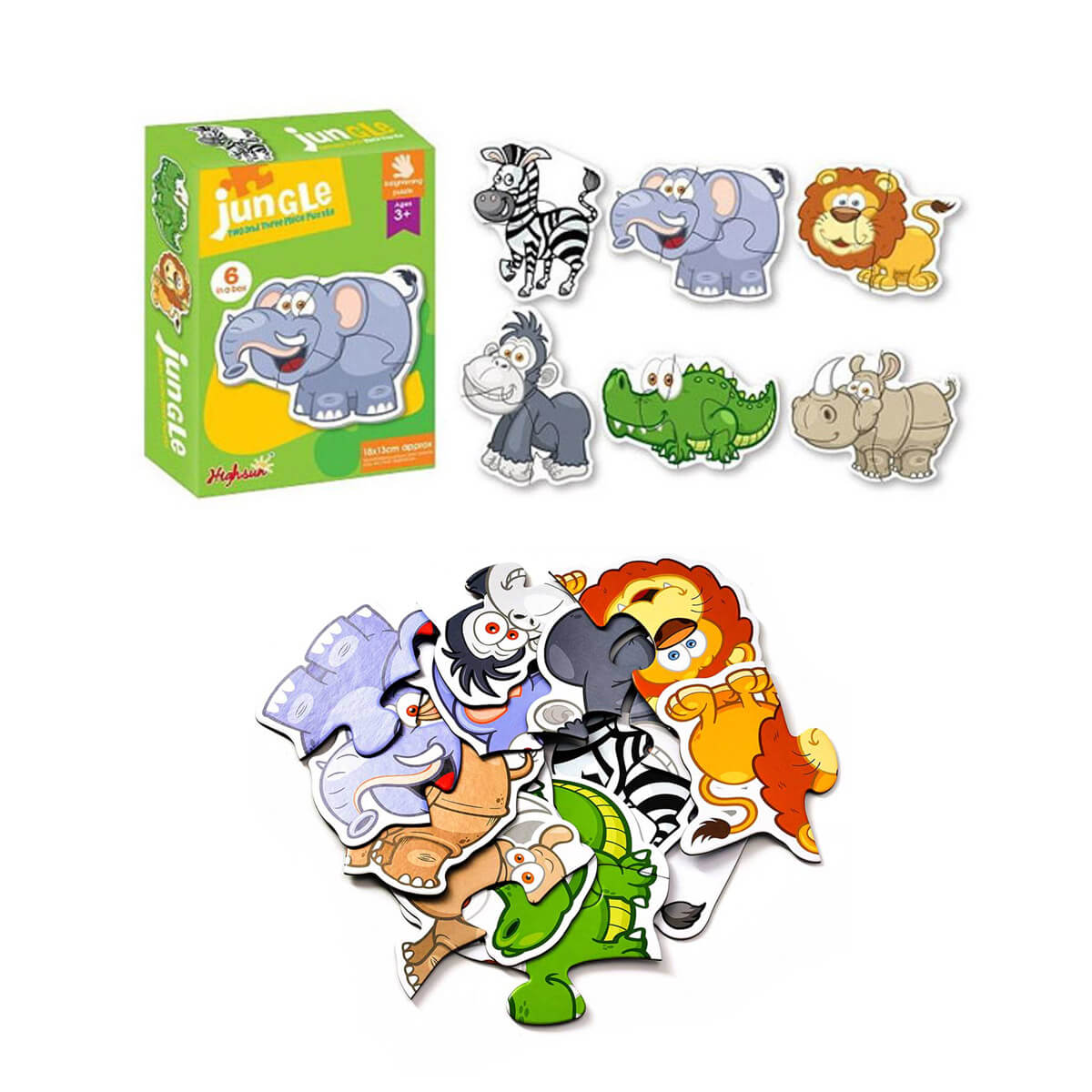 JUNGLE Two & Three Pieces Puzzle - 6 Animals in a Box