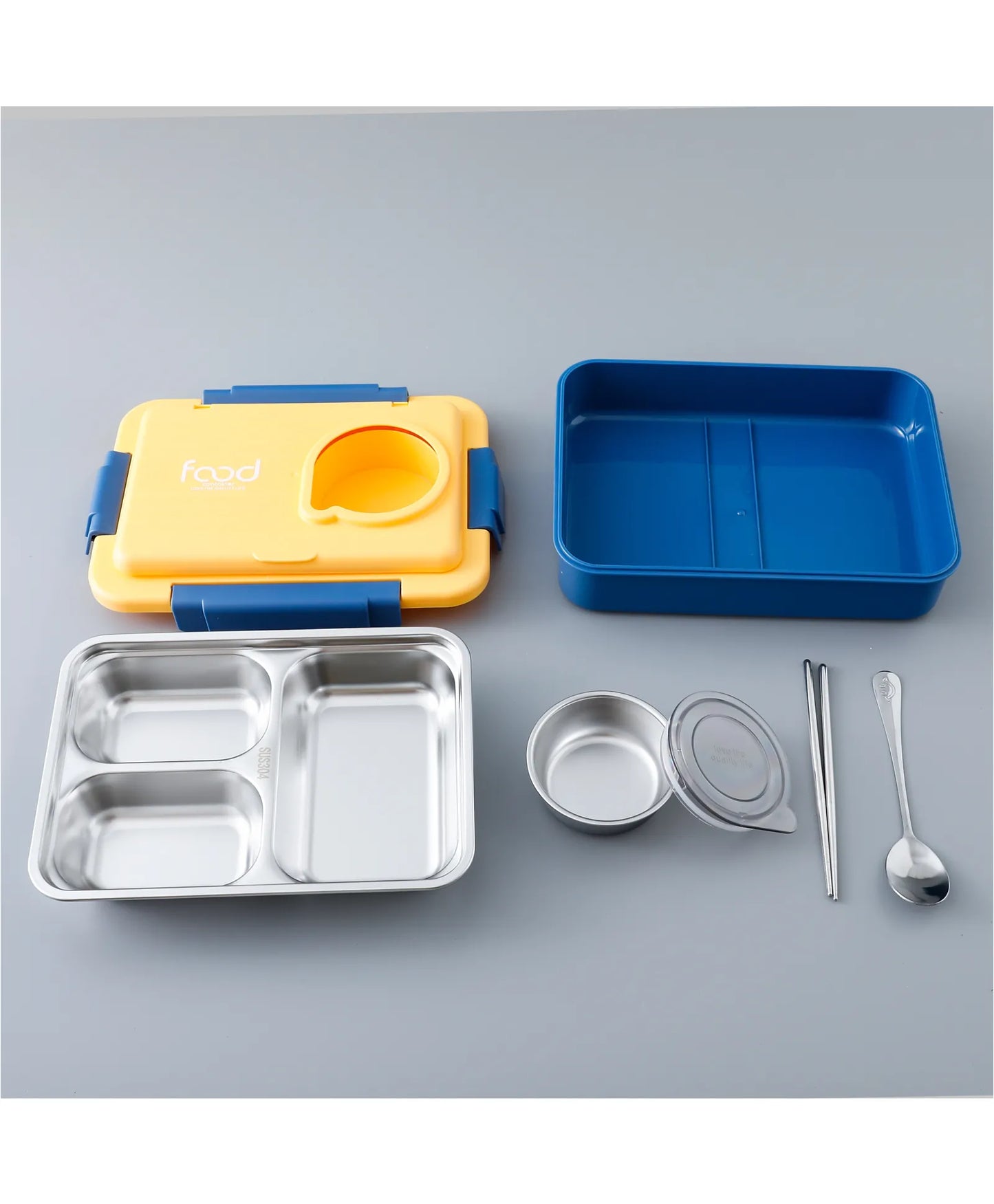 Kids Insulated Lunch Box Yellow/Blue - Leakproof, BPA-Free, Multi-Compartment with Spoon & Chopsticks