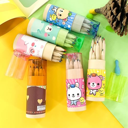 12 Mini Color Pencils Set with Sharpener - Pink