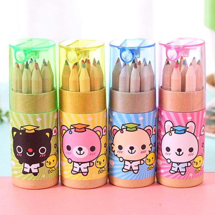 12 Mini Color Pencils Set with Sharpener - Pink