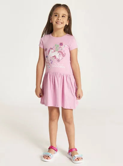 Juniors Unicorn Print Dress with Round Neck (3-4 yrs)