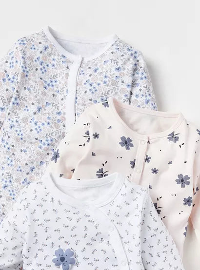 Juniors Floral Print Sleepsuit with Snap Button Closure - Set of 3 (New Born) Upto 9.9 Pounds (4.49 kg)