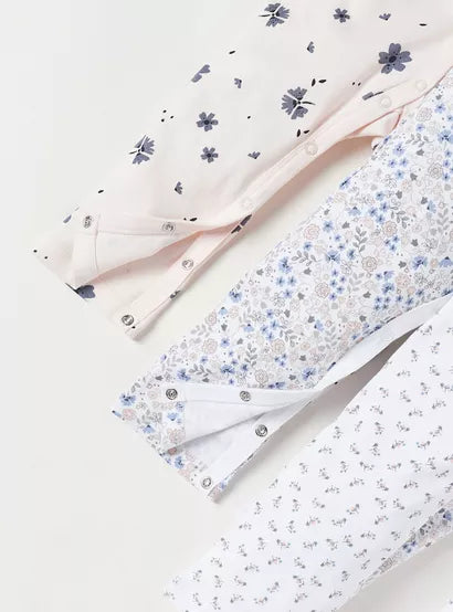 Juniors Floral Print Sleepsuit with Snap Button Closure - Set of 3 (New Born) Upto 9.9 Pounds (4.49 kg)