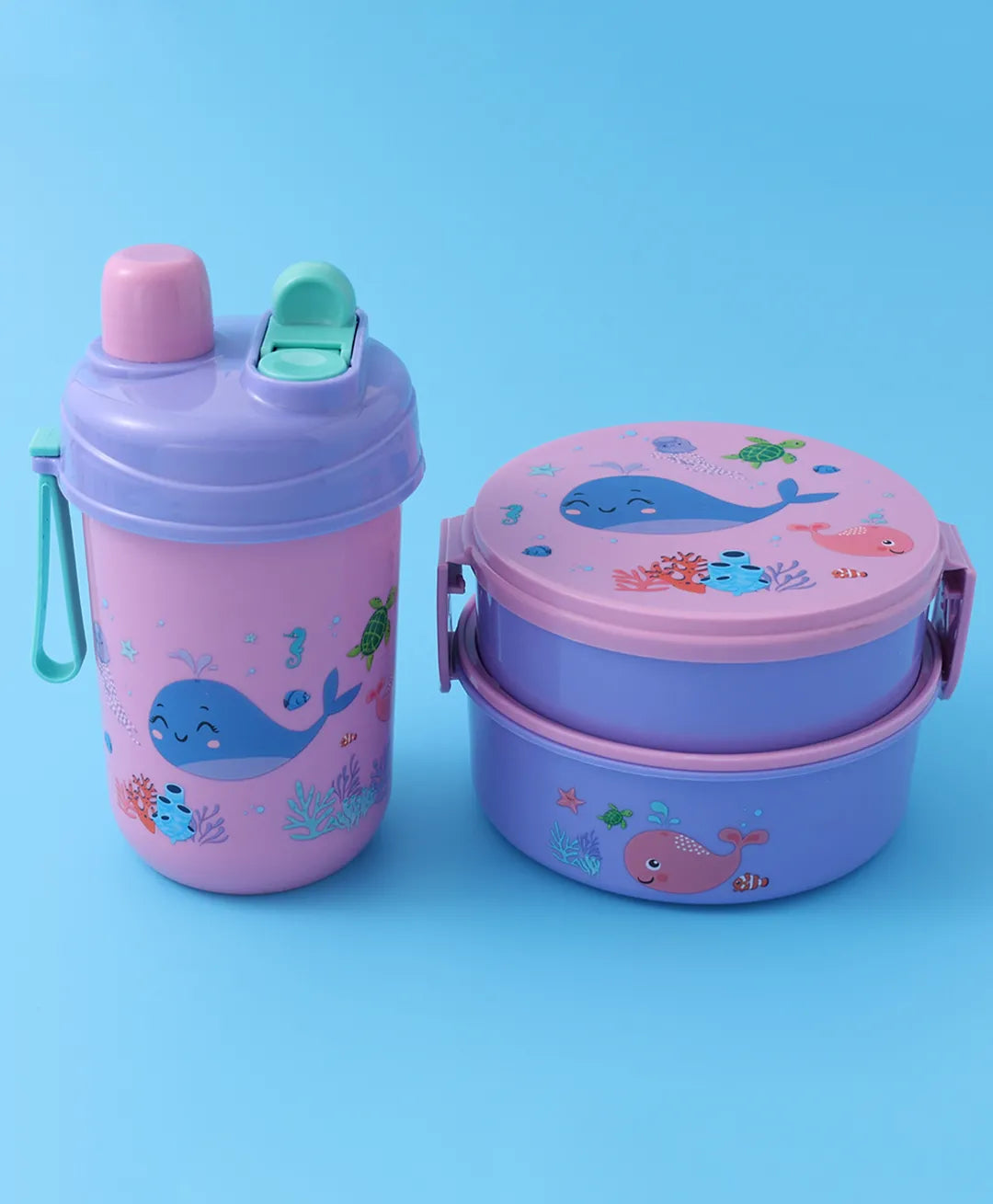Purple & Pink Sea Themed Lunch Box Set - With Bottle, Utensils, Double Containers, Carry Strap