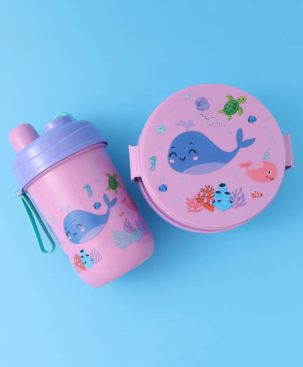 Purple & Pink Sea Themed Lunch Box Set - With Bottle, Utensils, Double Containers, Carry Strap