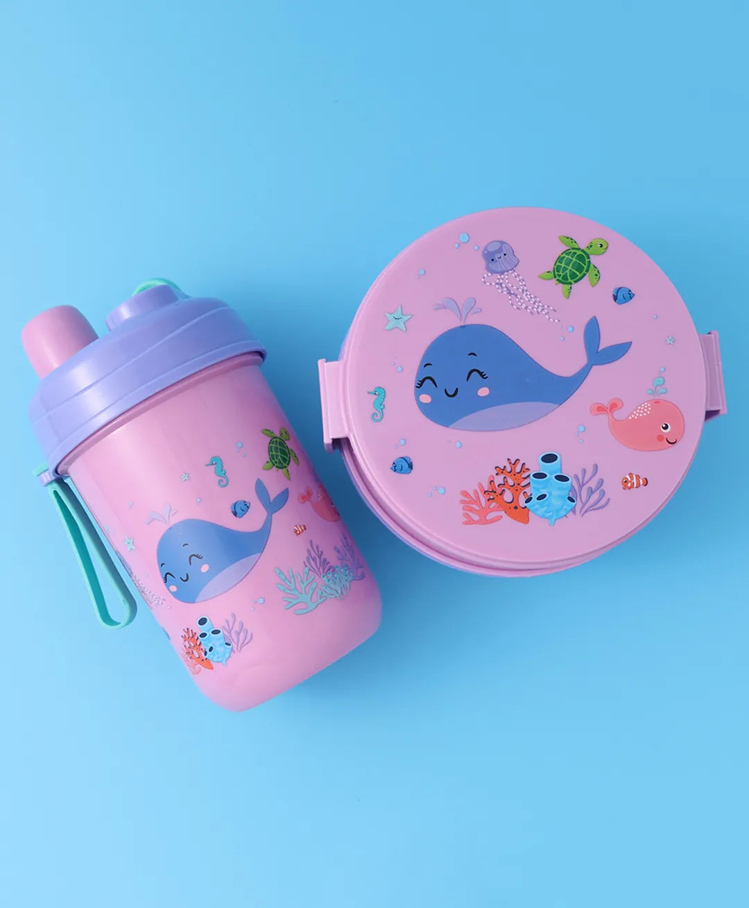 Purple & Pink Sea Themed Lunch Box Set - With Bottle, Utensils, Double Containers, Carry Strap