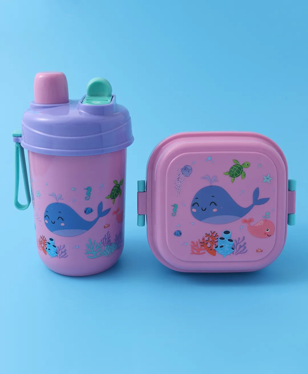 Purple & Pink Sea Themed Lunch Box - With Bottle, Utensils, Removable Tray, Dual Lid, Carry Strap
