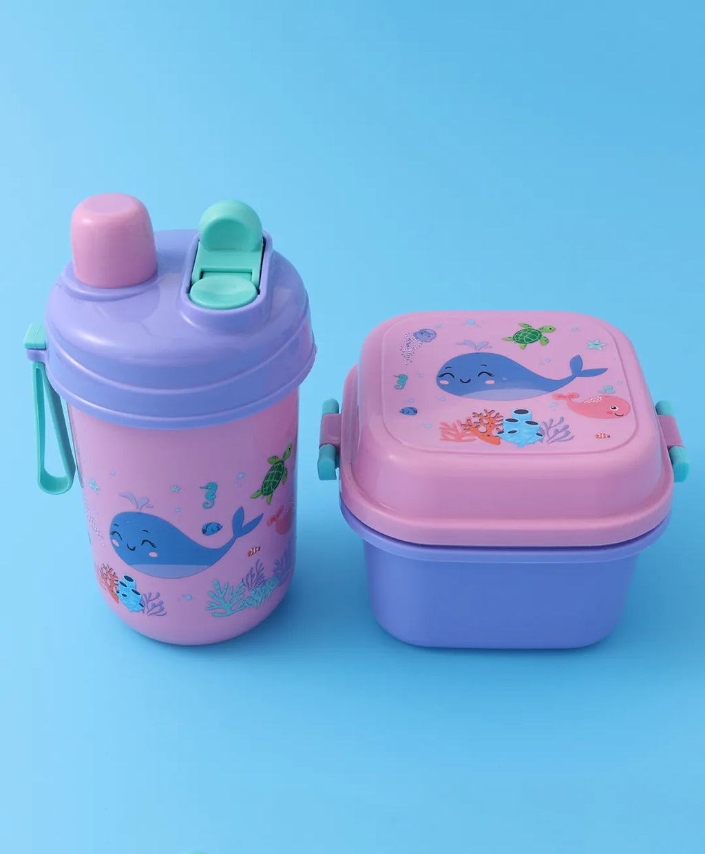 Purple & Pink Sea Themed Lunch Box - With Bottle, Utensils, Removable Tray, Dual Lid, Carry Strap