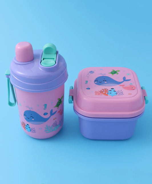Purple & Pink Sea Themed Lunch Box - With Bottle, Utensils, Removable Tray, Dual Lid, Carry Strap