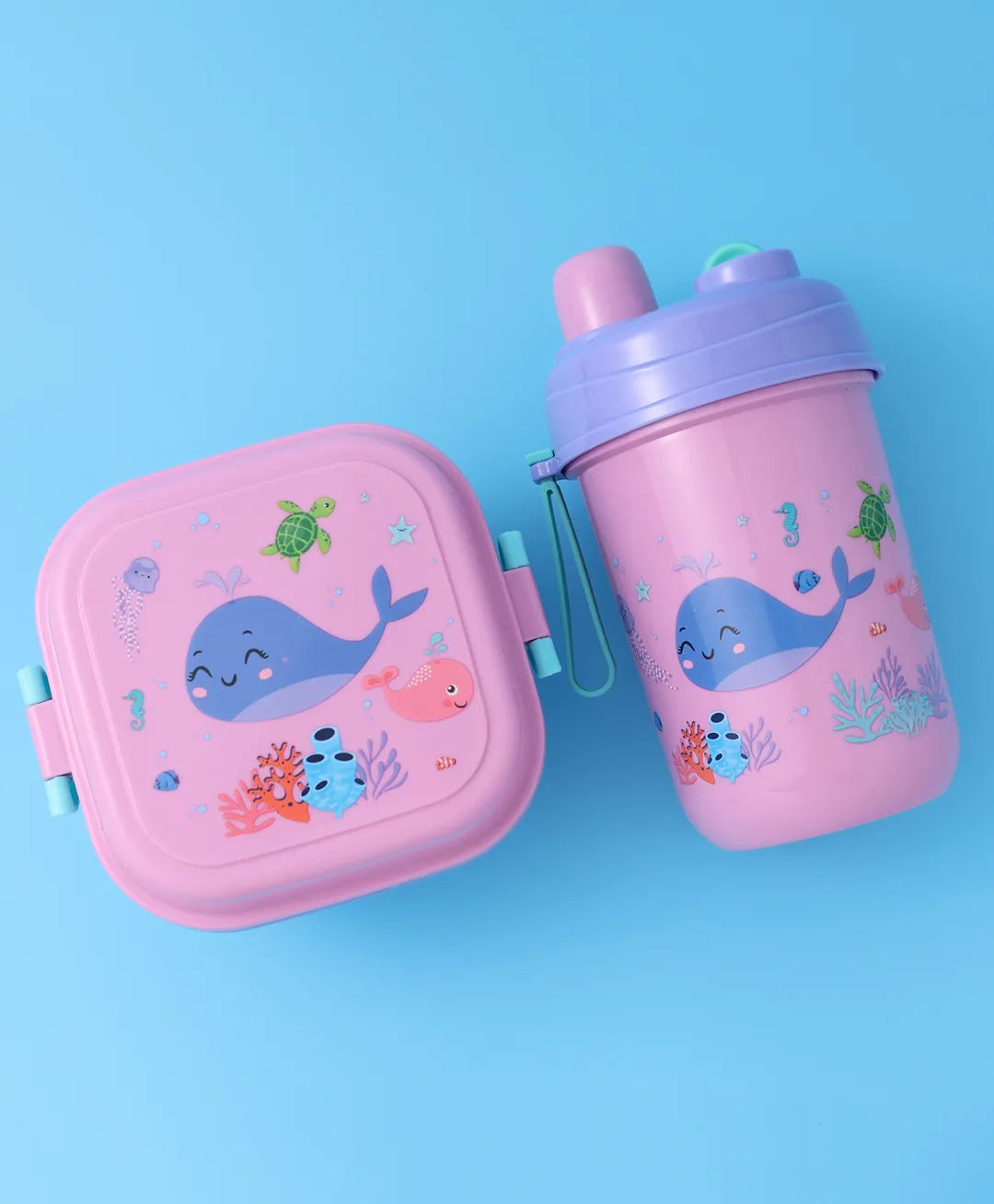 Purple & Pink Sea Themed Lunch Box - With Bottle, Utensils, Removable Tray, Dual Lid, Carry Strap