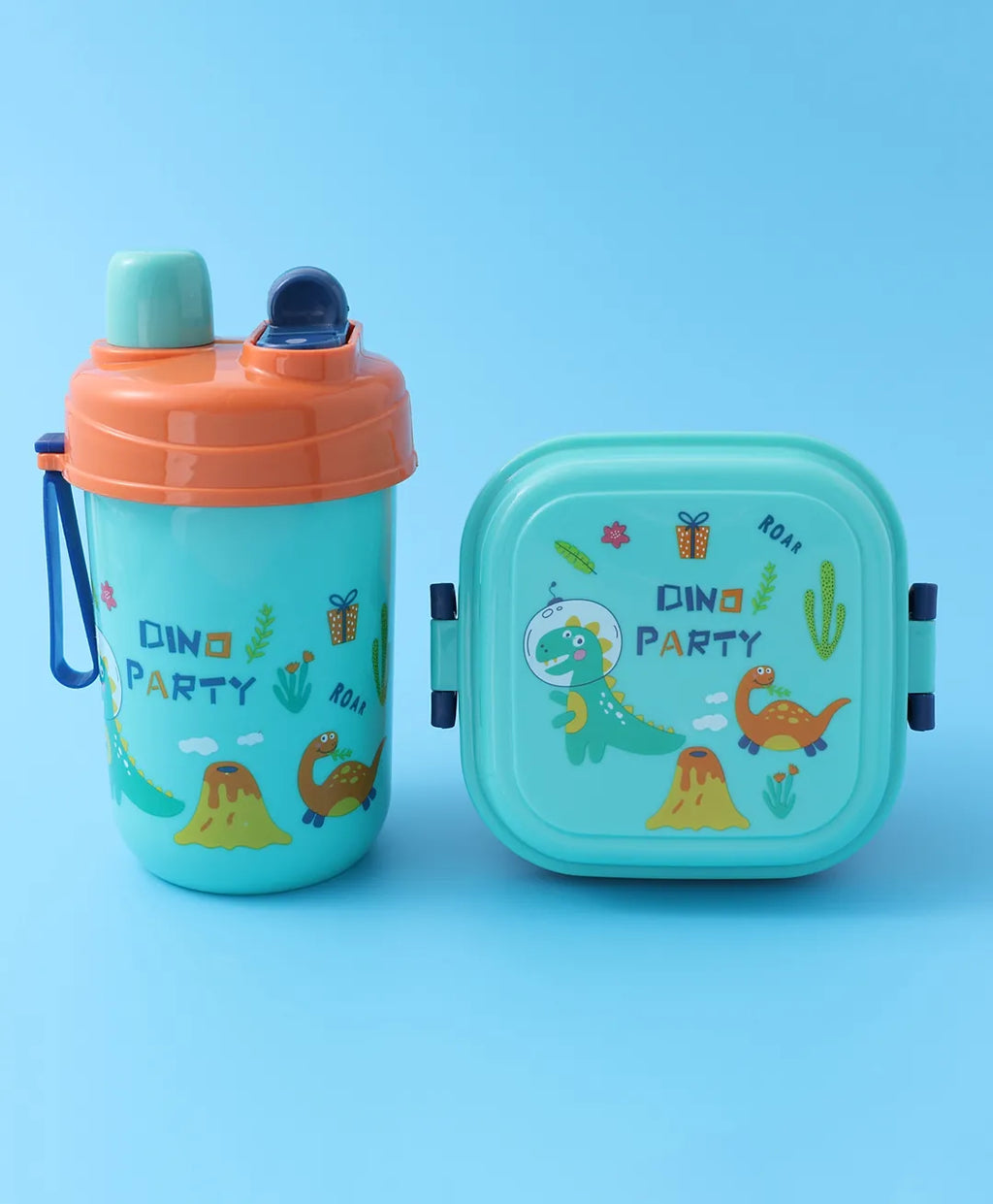 Dino Party Square Lunch Box - Blue & Orange, With Bottle, Utensils, Removable Tray, Carry Strap