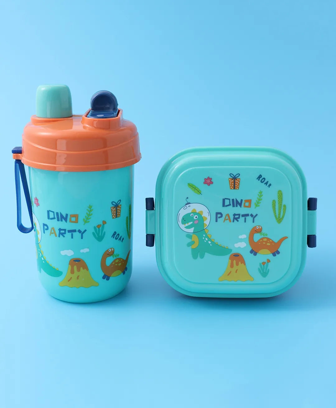 Dino Party Square Lunch Box - Blue & Orange, With Bottle, Utensils, Removable Tray, Carry Strap