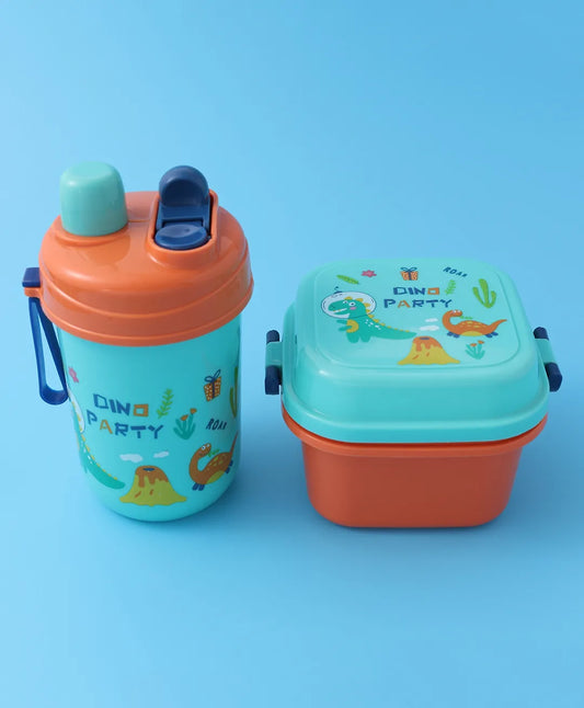 Dino Party Square Lunch Box - Blue & Orange, With Bottle, Utensils, Removable Tray, Carry Strap
