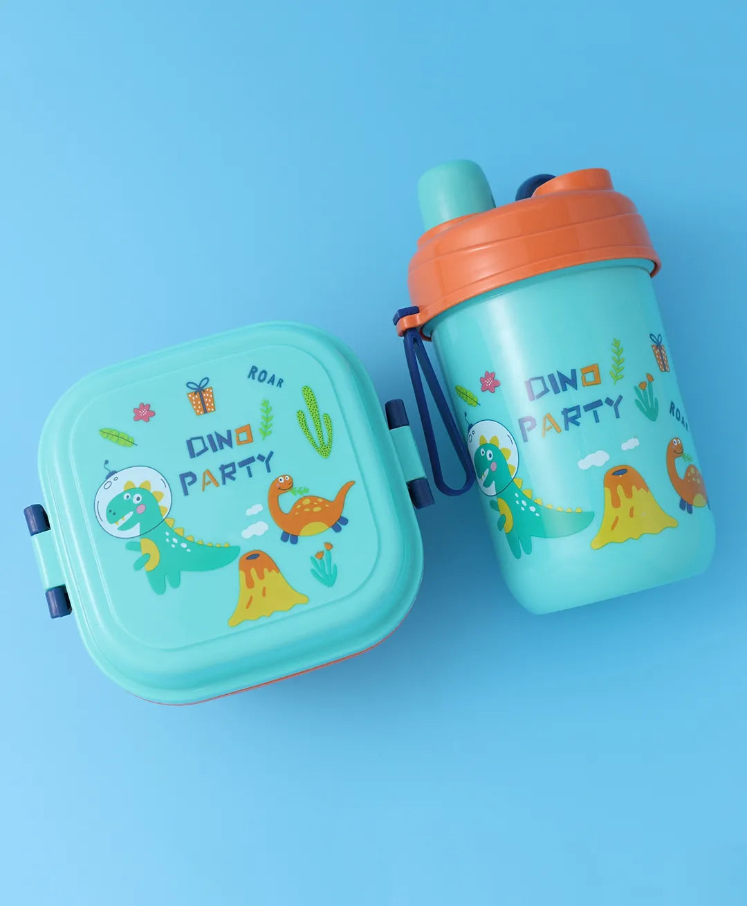 Dino Party Square Lunch Box - Blue & Orange, With Bottle, Utensils, Removable Tray, Carry Strap