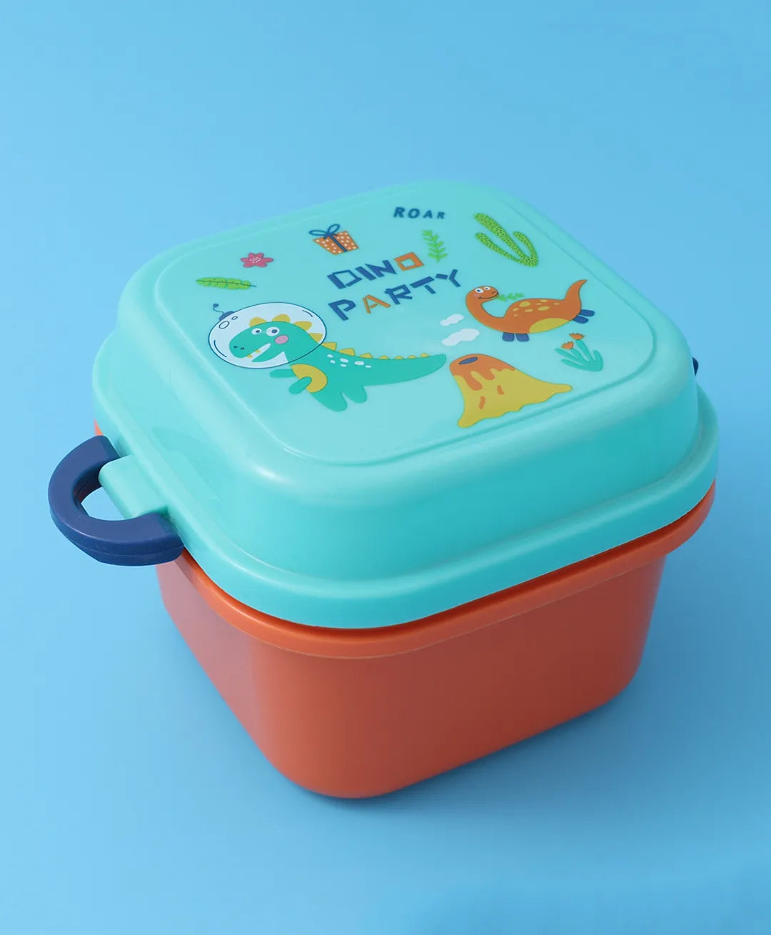 Dino Party Square Lunch Box - Blue & Orange, With Bottle, Utensils, Removable Tray, Carry Strap
