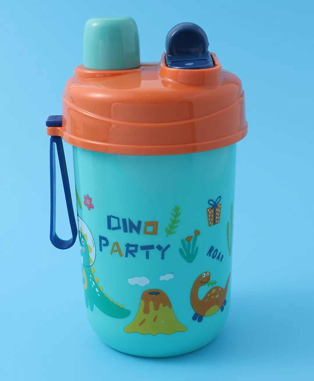 Dino Party Square Lunch Box - Blue & Orange, With Bottle, Utensils, Removable Tray, Carry Strap