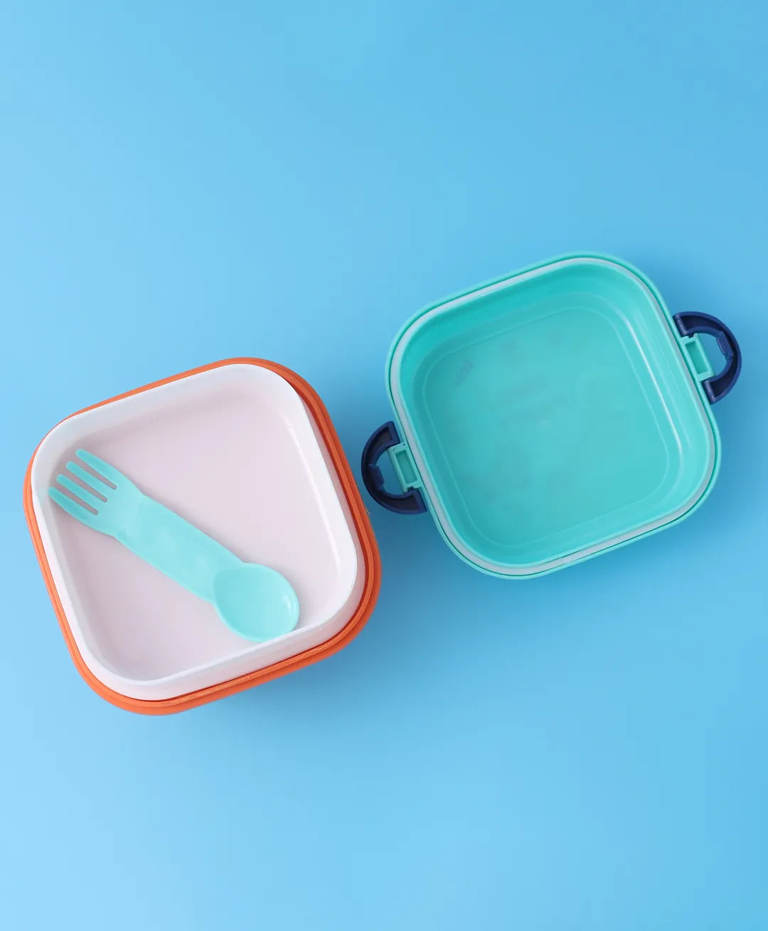 Dino Party Square Lunch Box - Blue & Orange, With Bottle, Utensils, Removable Tray, Carry Strap