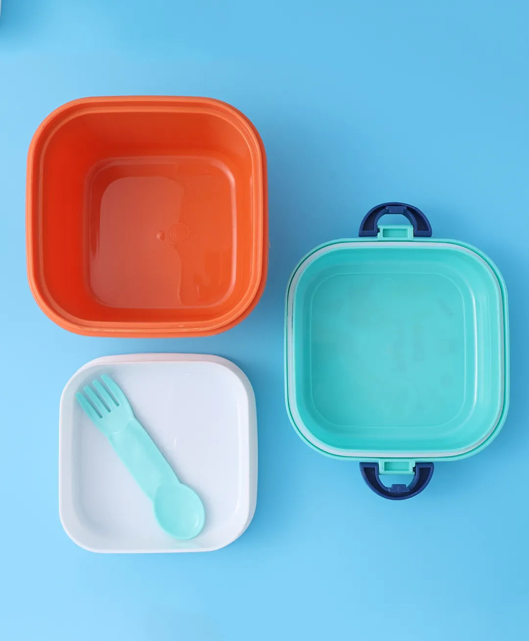 Dino Party Square Lunch Box - Blue & Orange, With Bottle, Utensils, Removable Tray, Carry Strap