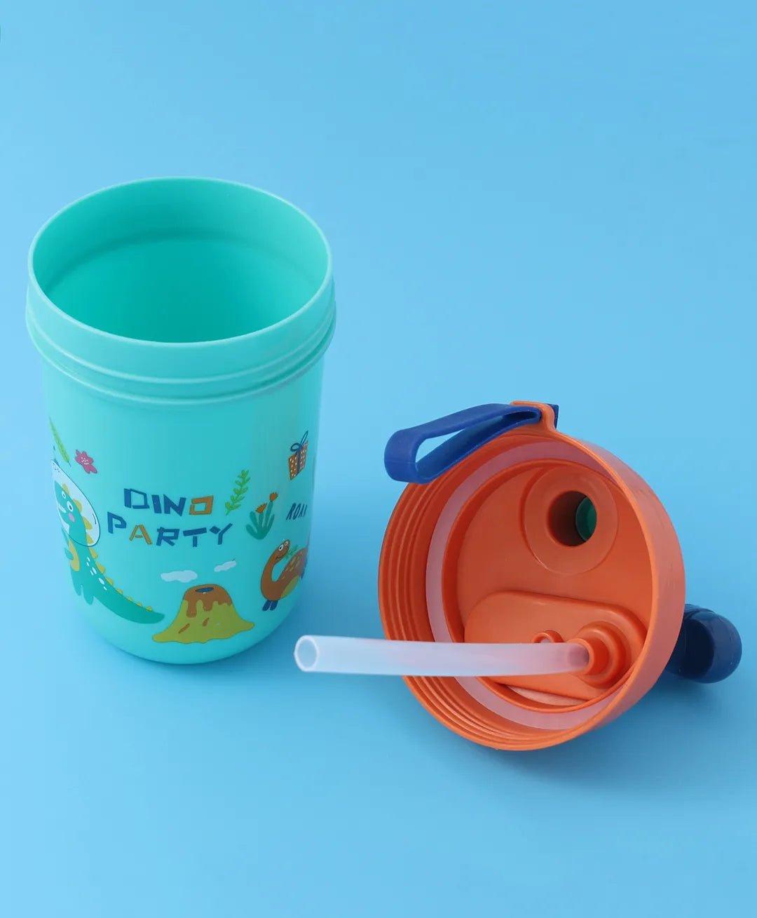 Dino Party Square Lunch Box - Blue & Orange, With Bottle, Utensils, Removable Tray, Carry Strap