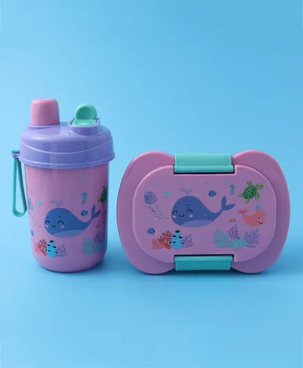 Pink Sea Theme Lunch Box Set for Kids - 2 Compartments, Bottle, Utensils & Carry Strap