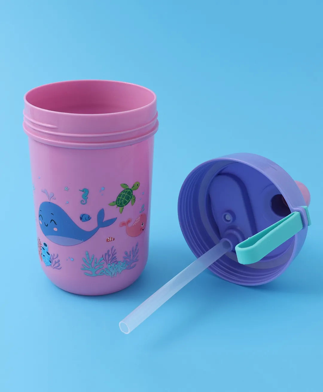 Pink Sea Theme Lunch Box Set for Kids - 2 Compartments, Bottle, Utensils & Carry Strap