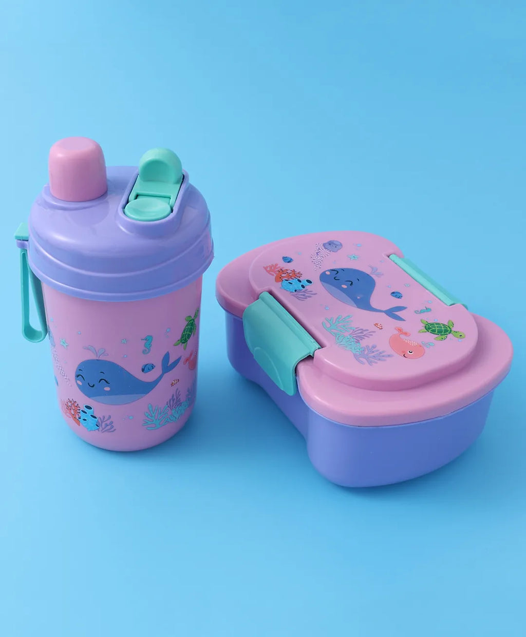 Pink Sea Theme Lunch Box Set for Kids - 2 Compartments, Bottle, Utensils & Carry Strap