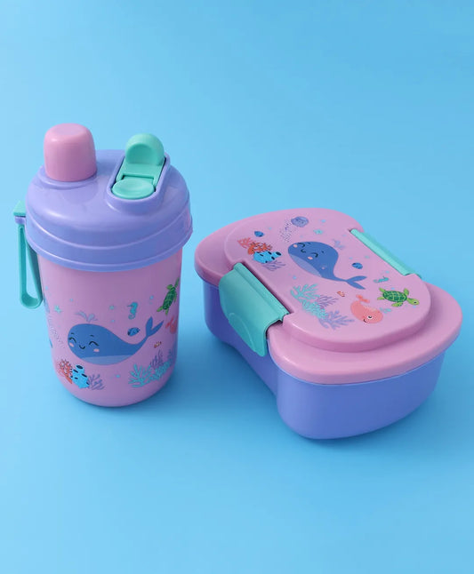 Pink Sea Theme Lunch Box Set for Kids - 2 Compartments, Bottle, Utensils & Carry Strap