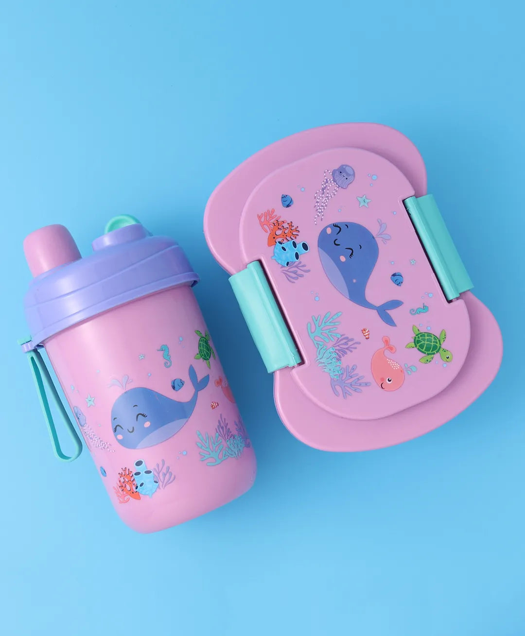 Pink Sea Theme Lunch Box Set for Kids - 2 Compartments, Bottle, Utensils & Carry Strap