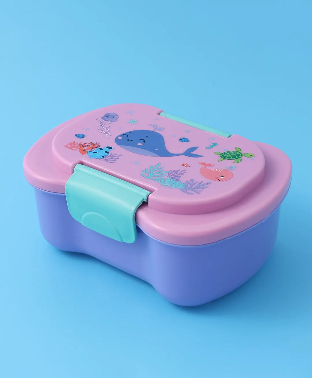 Pink Sea Theme Lunch Box Set for Kids - 2 Compartments, Bottle, Utensils & Carry Strap