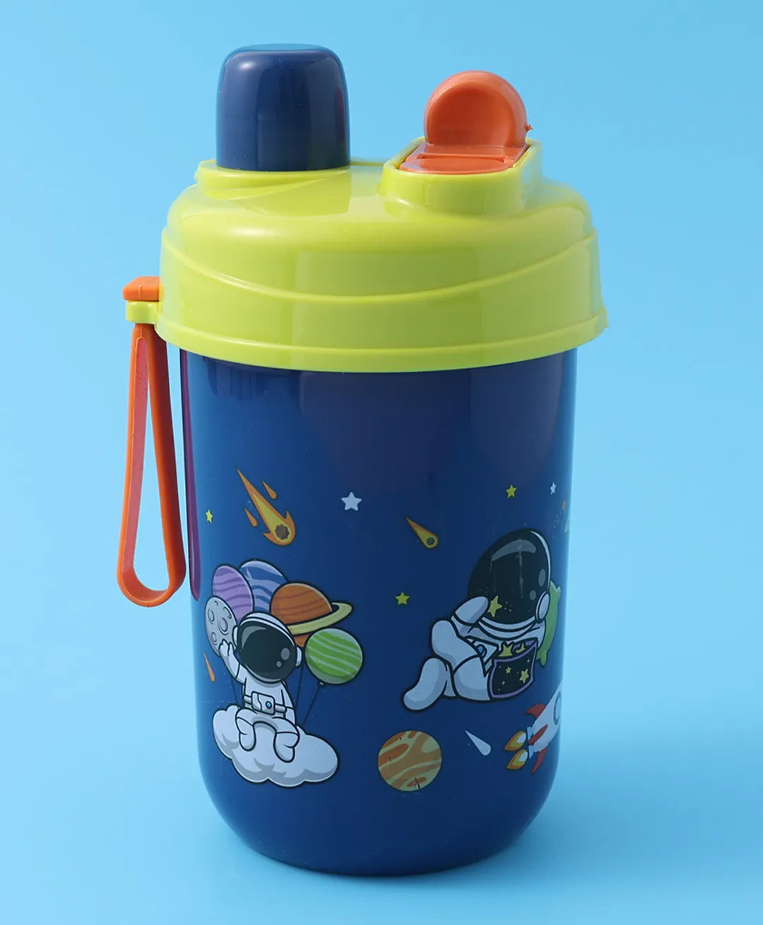 Space Theme Lunch Box Set - Blue & Green, With Bottle, Utensils, 2 Compartments, Carry Strap