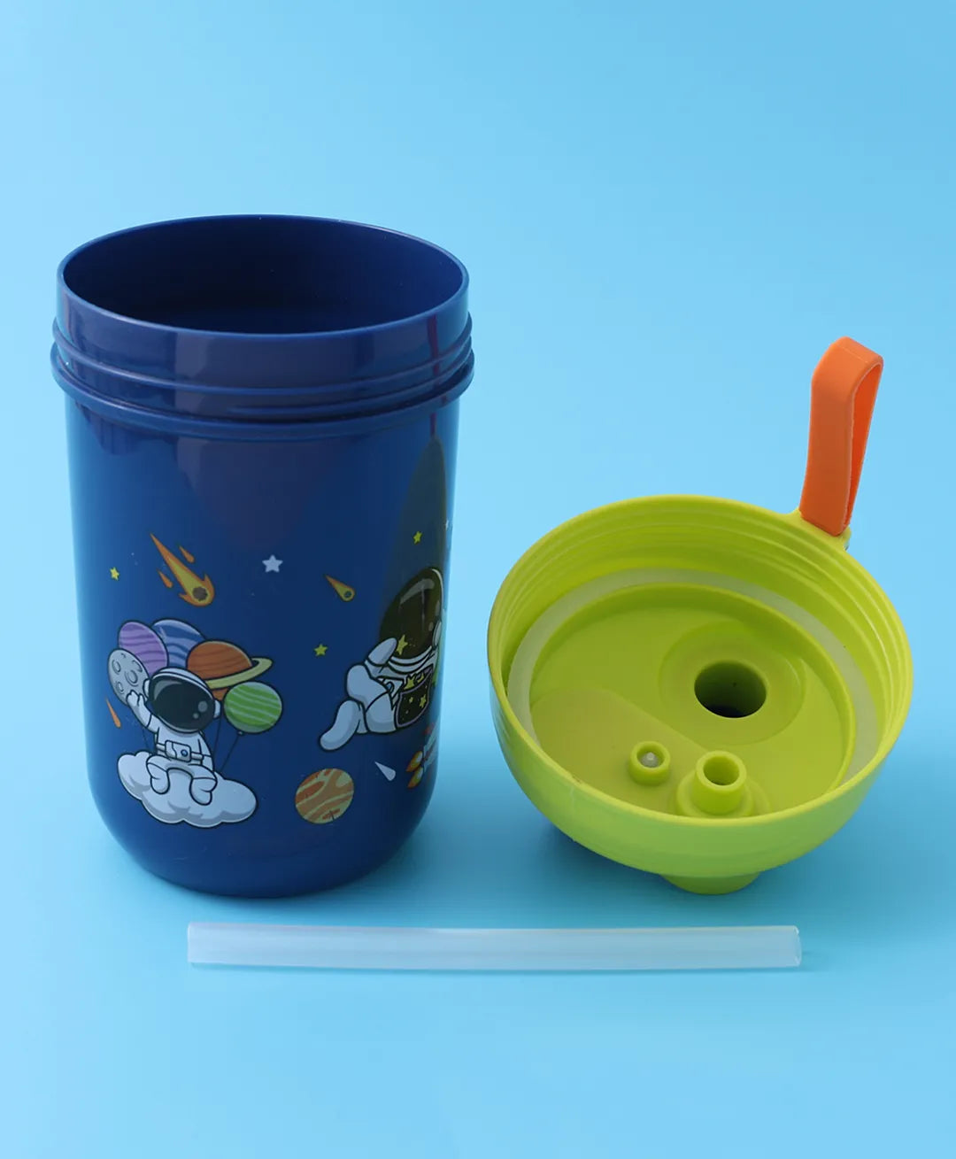 Space Theme Lunch Box Set - Blue & Green, With Bottle, Utensils, 2 Compartments, Carry Strap