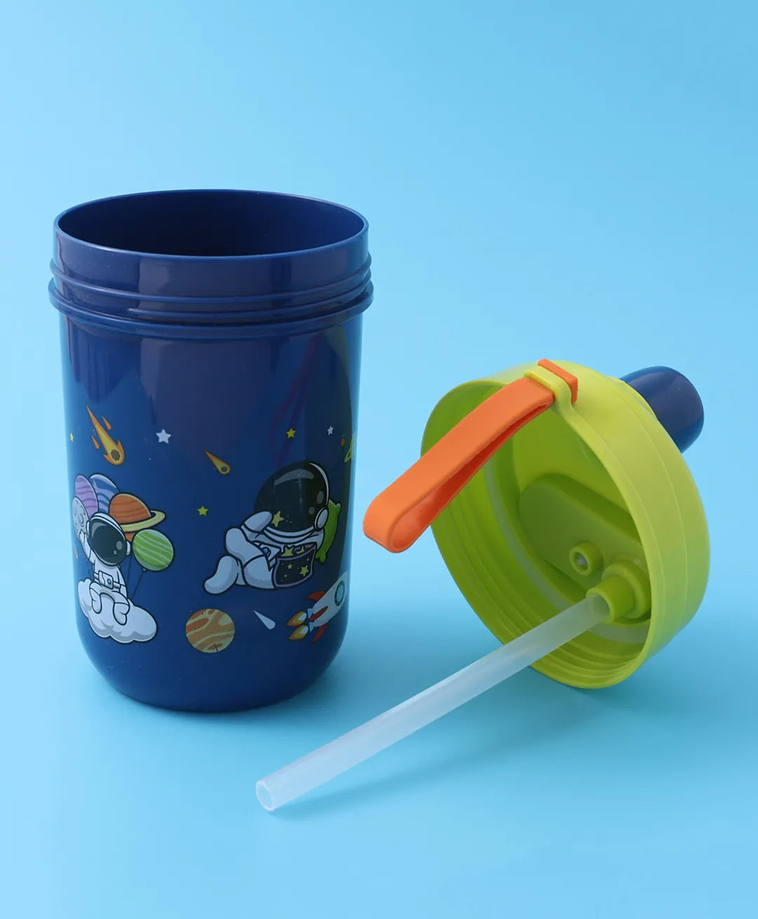 Space Theme Lunch Box Set - Blue & Green, With Bottle, Utensils, 2 Compartments, Carry Strap
