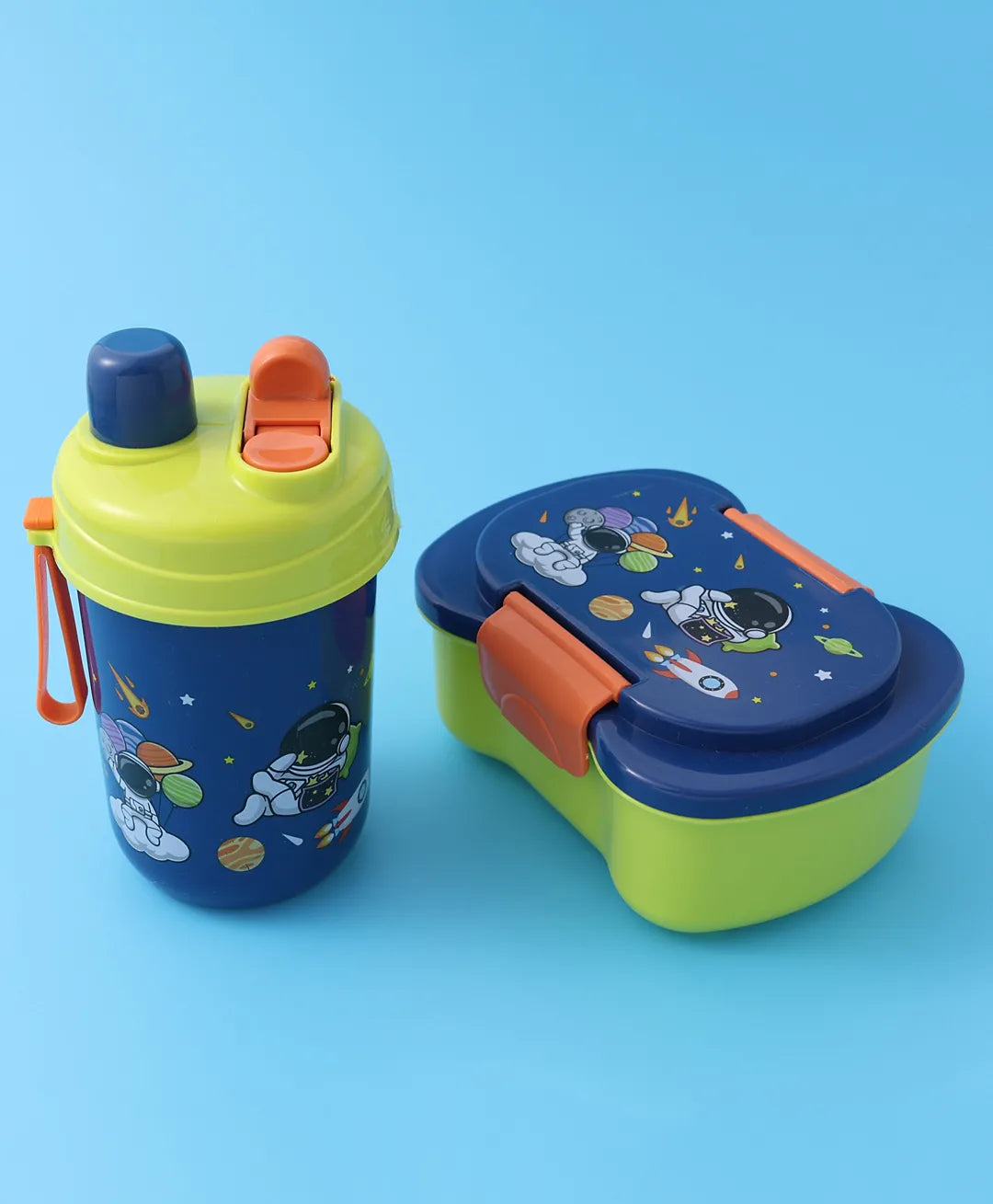 Space Theme Lunch Box Set - Blue & Green, With Bottle, Utensils, 2 Compartments, Carry Strap