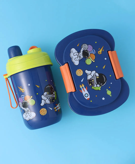 Space Theme Lunch Box Set - Blue & Green, With Bottle, Utensils, 2 Compartments, Carry Strap