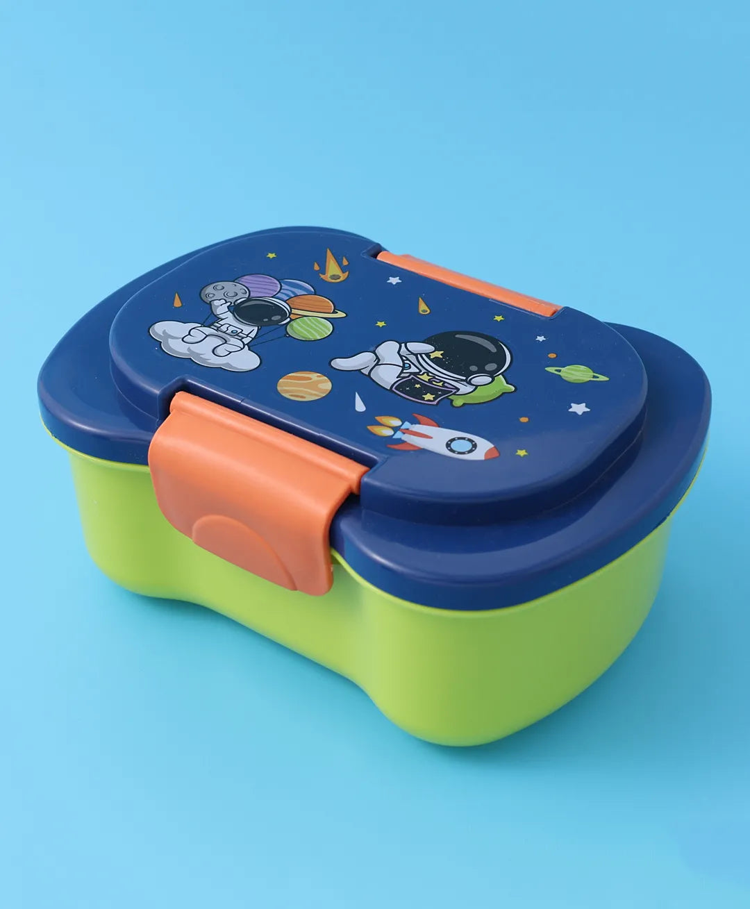 Space Theme Lunch Box Set - Blue & Green, With Bottle, Utensils, 2 Compartments, Carry Strap