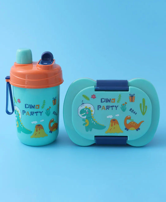 Dino Party Lunch Box Set - Blue & Orange, With Bottle, Utensils, 2 Compartments, Carry Strap