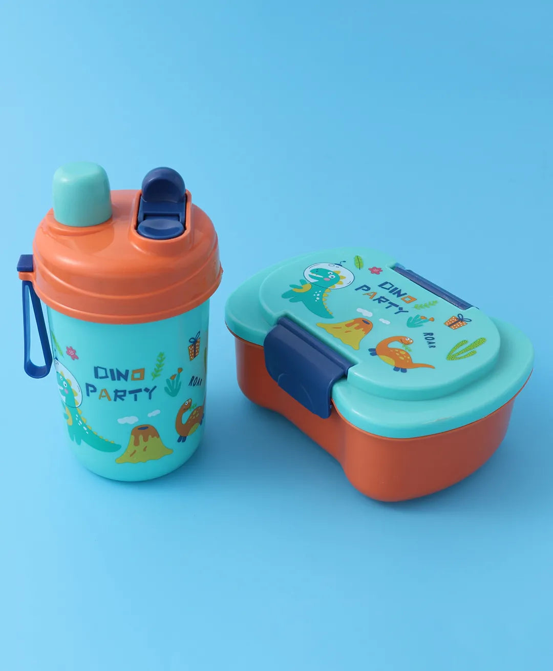 Dino Party Lunch Box Set - Blue & Orange, With Bottle, Utensils, 2 Compartments, Carry Strap