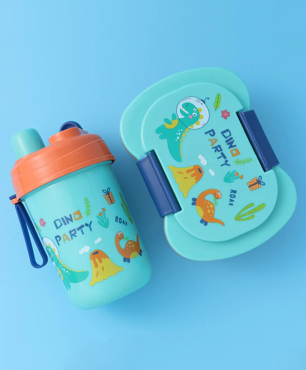 Dino Party Lunch Box Set - Blue & Orange, With Bottle, Utensils, 2 Compartments, Carry Strap
