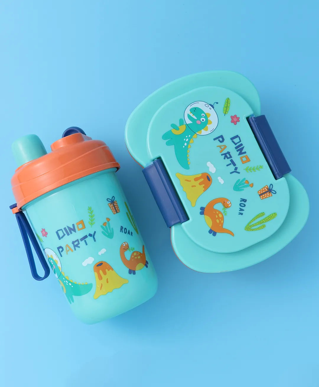 Dino Party Lunch Box Set - Blue & Orange, With Bottle, Utensils, 2 Compartments, Carry Strap