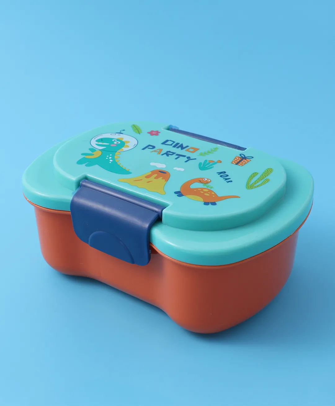 Dino Party Lunch Box Set - Blue & Orange, With Bottle, Utensils, 2 Compartments, Carry Strap