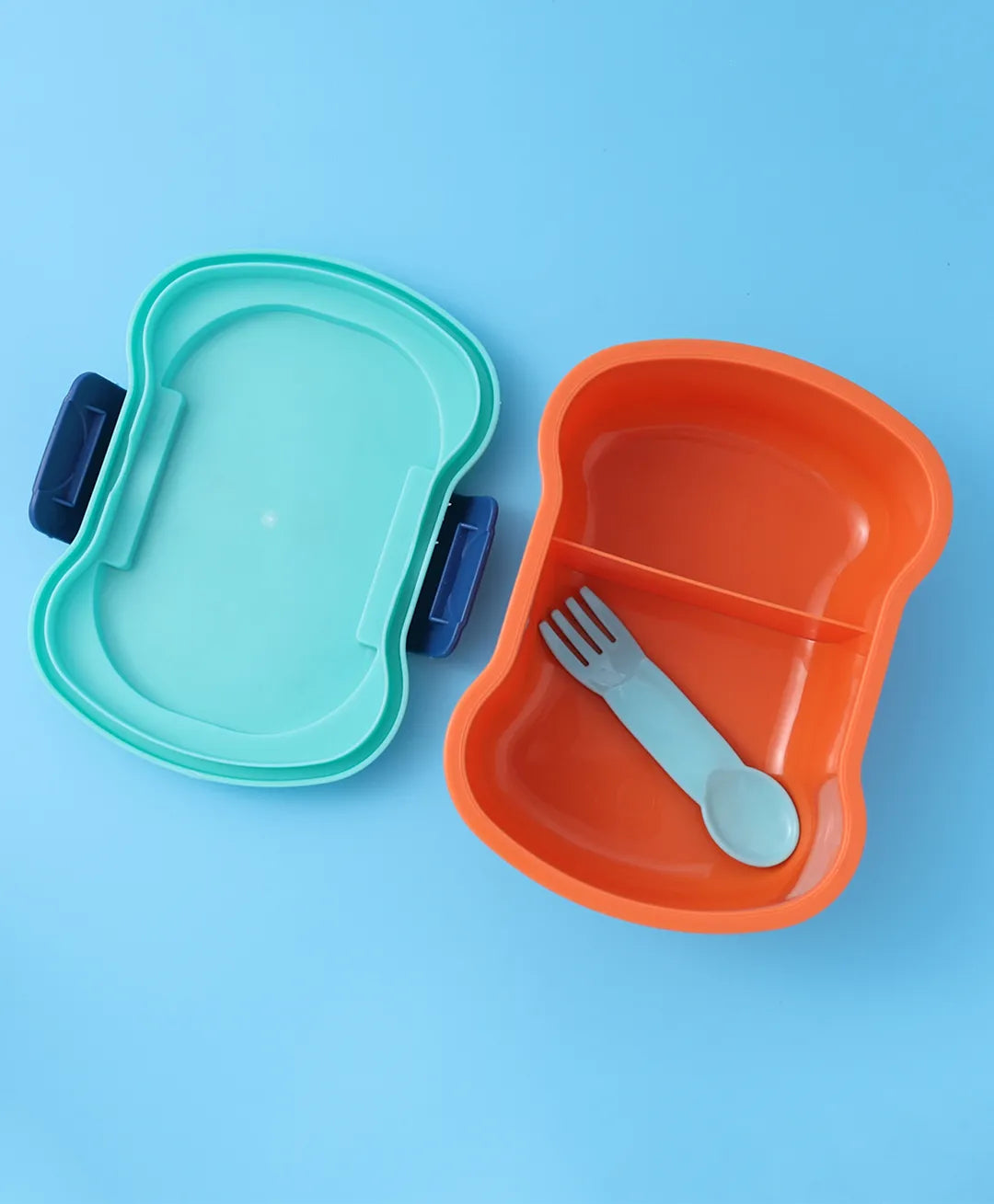 Dino Party Lunch Box Set - Blue & Orange, With Bottle, Utensils, 2 Compartments, Carry Strap