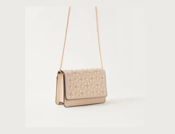 Sasha Stud Embellished Crossbody Bag with Flap Closure Beige