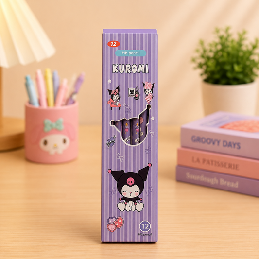 Kuromi Themed 12-Piece Purple HB Wooden Pencils Set for Kids