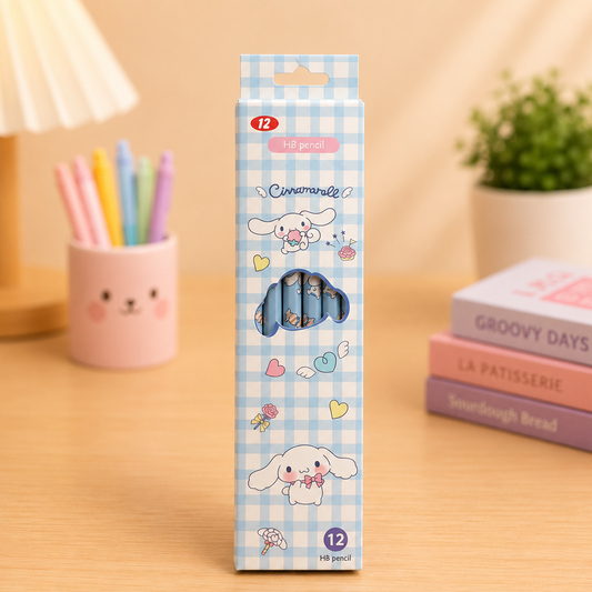Cinnamoroll Themed 12-Piece Blue Gingham HB Wooden Pencils Set for Kids