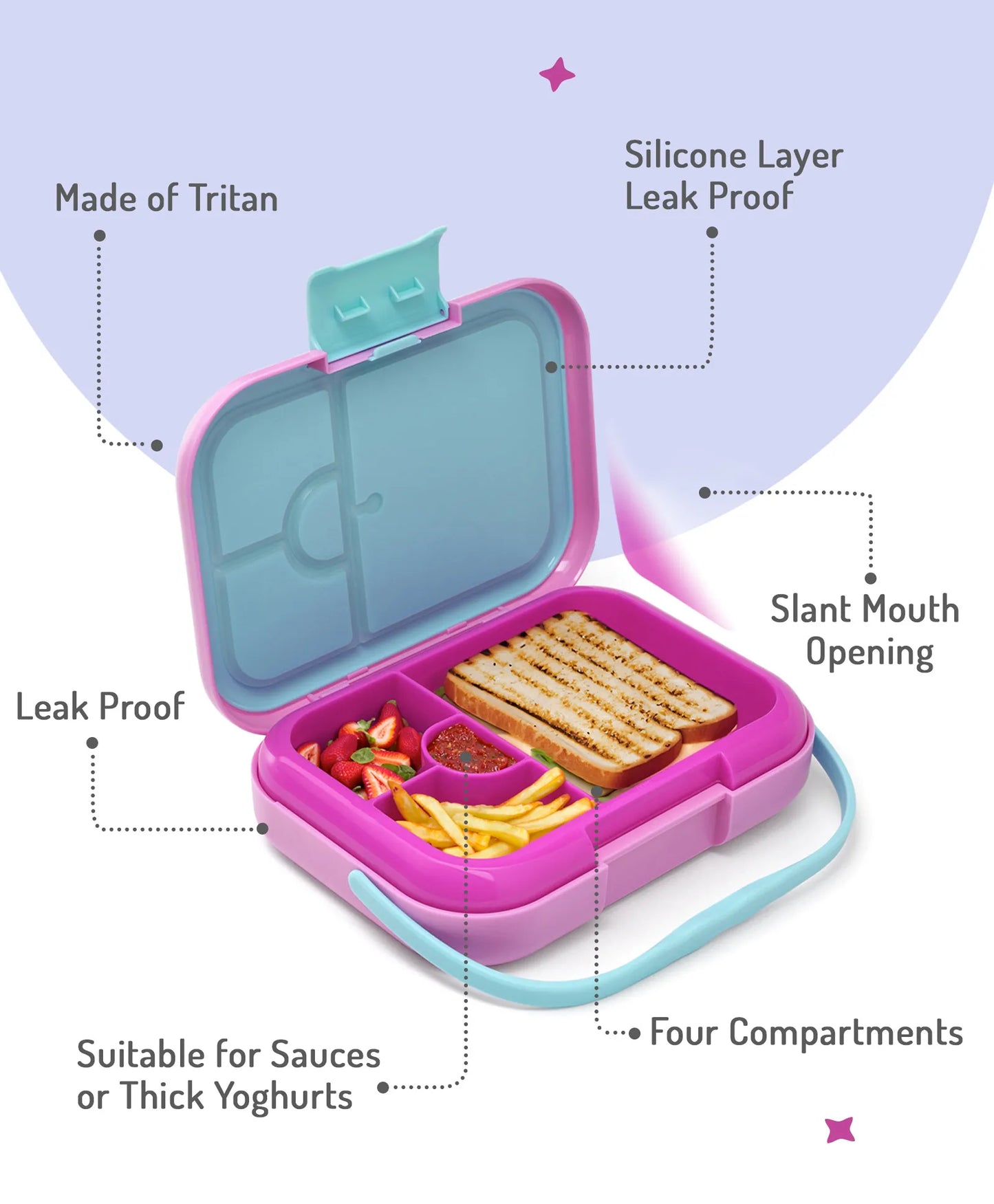 Bonfino Pink Bento Lunch Box - BPA-Free, Leak-Resistant, Microwave & Dishwasher Safe, 765ml